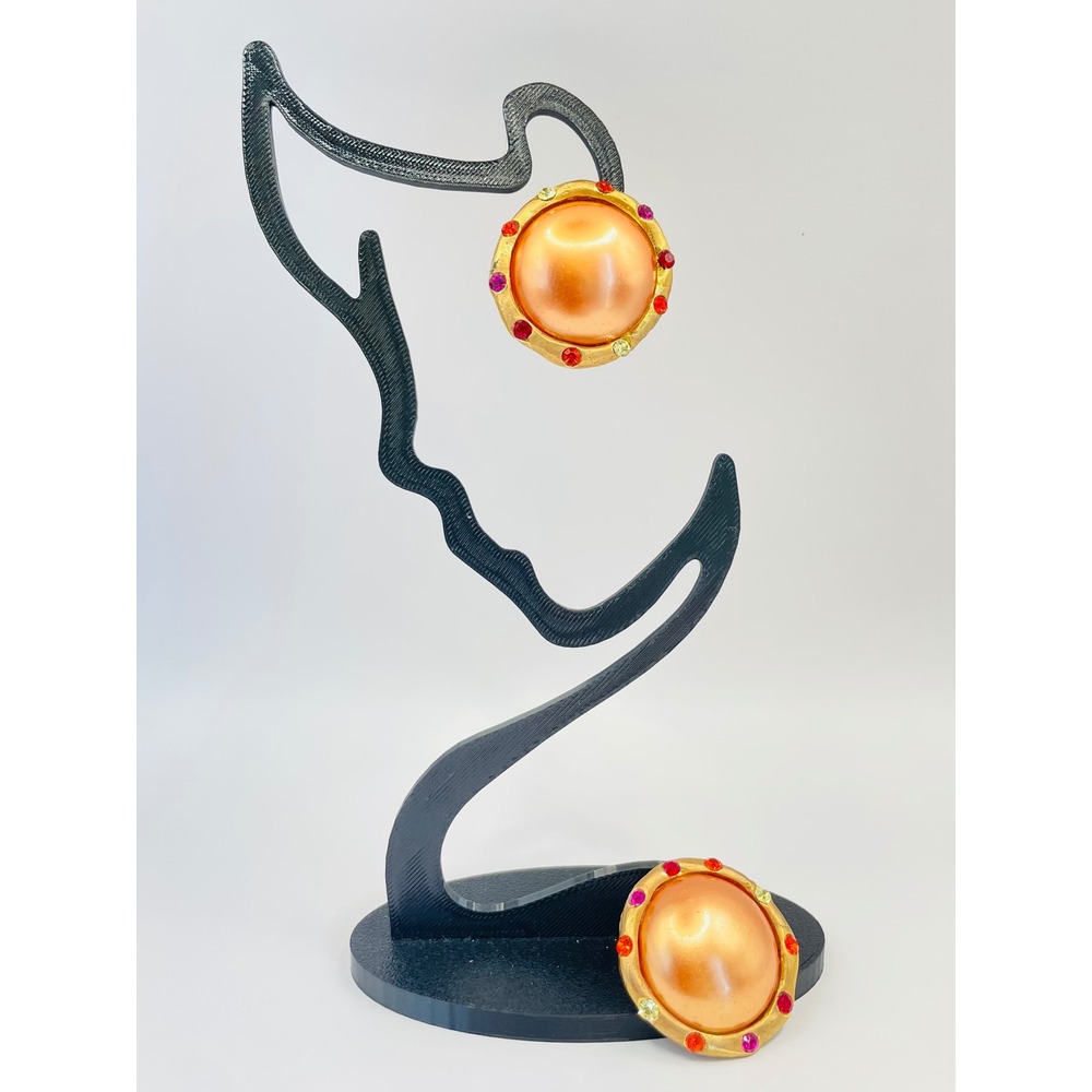 Vintage Dauplaise Round Peach Faux Pearl Rhinestone‎ Gold Tone Clip On Earrings